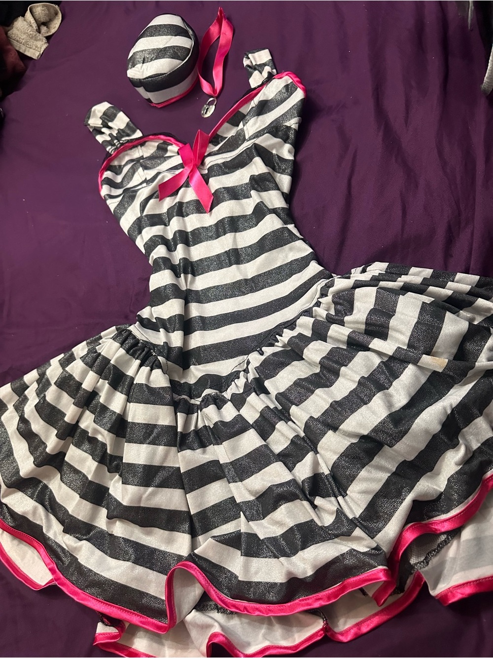 Rubie's Black & White Striped inmate Dress with Pink Trim